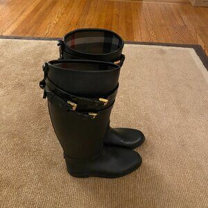 BURBERRY Women's Black Rubber Knee High Rain Riding Boots Size 6.5, EU 37